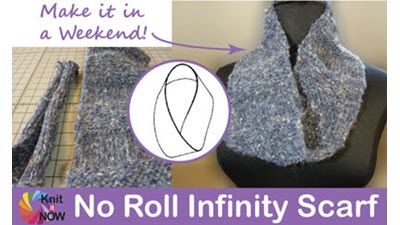 Machine knitted infinity scarf with diagram overlay illustrating how the reversible fabric is constructed and grafted together