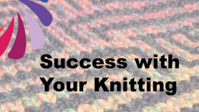 Decorative banner featuring colorful machine-knitted fabric as background with text overlay reading 'Success with your knitting', showcasing vibrant stitch textures and patterns