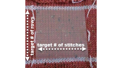 Machine-knitted gauge swatch with contrast marking rows and hanging markers , demonstrating a math-free method for matching specific gauge requirements using a 4-inch measurement tool