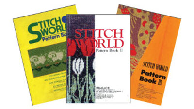 Three Stitch World pattern book covers arranged in a collage, showcasing reference guides for machine knitting stitch patterns including tuck, slip, and fairisle techniques.