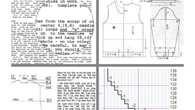 Different machine knitting pattern formats laid side by side, showing various historical and modern notation styles used for machine knitting instructions