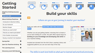 A visual guide showing the Knit it Now Success Path, which outlines progressive skill levels and learning steps for machine knitting, from beginner to advanced techniques, featuring linked tutorials and recommended patterns for each stage