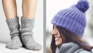 Side-by-side photos showing negative ease in action: a fitted pair of socks hugging the feet and a snug knitted hat conforming to a model's head shape