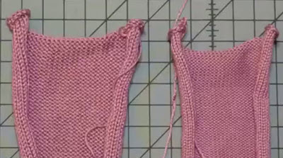 Two machine-knitted stockinette stitch swatches demonstrating natural edge curling, a common characteristic of knitted fabric