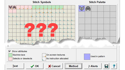 DesignaKnit software window showing the Symbols Organizer with red question marks where stitch symbols should appear, indicating missing font files