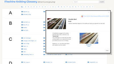 Screenshot of the Knit it Now glossary page showing machine knitting terms and their definitions, organized alphabetically