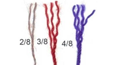 Close-up comparison of three machine knitting yarns showing different ply counts: 2/8, 3/8, and 2/24, demonstrating varying yarn thicknesses