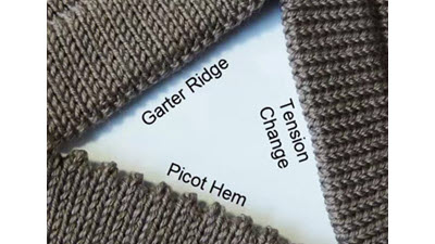 Side-by-side comparison of three different turning row techniques in machine knitting, with text labels identifying each method for creating sharp folded hems