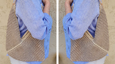 A styled photo of a machine-knitted bento bag in use, featuring decorative tuck stitch or knit weave pattern, with toggle closure and leather straps