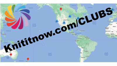 World map with an overlay showing the Knit It Now URL for finding local machine knitting groups and clubs around the globe