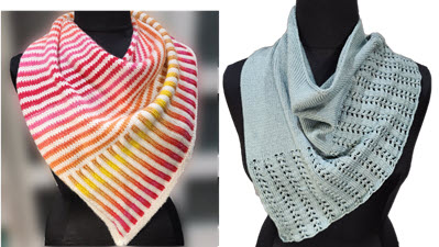 Pair of machine knitted cowl scarves displaying alternative pattern interpretations