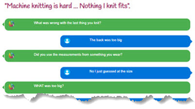 Online chat screenshot sharing frustrations about machine knit garments not fitting properly