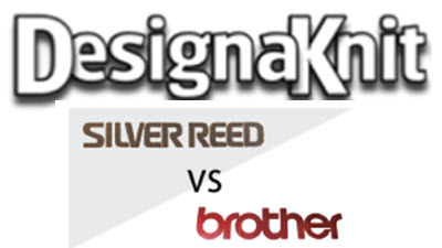 A composite graphic showing the DesignaKnit software logo alongside Brother and Silver Reed knitting machine logos, illustrating software compatibility