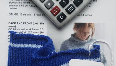 Hand knitting pattern page with calculator and knitted swatch, showing tools for converting patterns to machine knitting