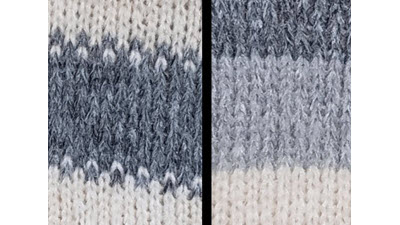 Side-by-side comparison of two knitted samples: one with standard stark stripes and one with softened color transitions between stripes