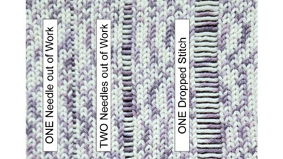 Knitted sample showing side-by-side comparison of ladder effects created by needles-out-of-work versus dropped stitches, with labeled sections identifying each technique