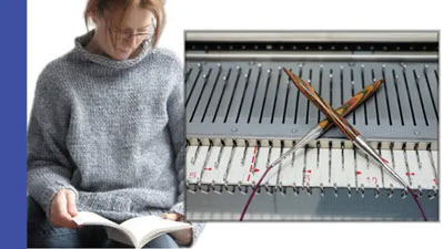 A split image showing a woman wearing a hand-knit sweater alongside a knitting machine bed with hand knitting needles placed on it, illustrating the conversion between hand and machine knitting methods.