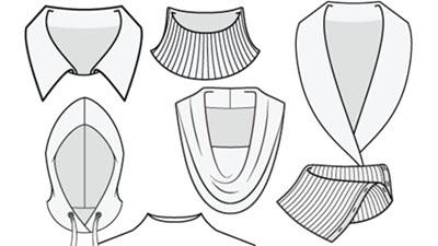 Illustrated guide showing various collar styles for machine knitted garments, including stand-up, shawl, and fold-down designs