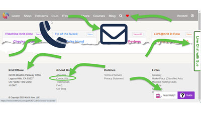Infographic showing 7 ways to contact Knit It Now, including email, chat, and other links 