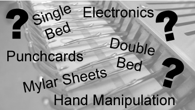 Knitting machine needle bed background with overlaid text showing pattern creation methods: punch card, electronics, mylar sheets, and hand manipulation