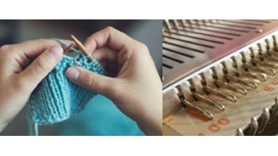 Side-by-side comparison showing hands holding traditional knitting needles next to a knitting machine, illustrating the transition from hand to machine knitting