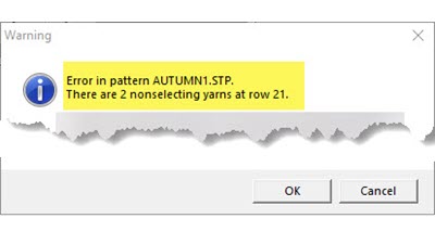 Screenshot of DesignaKnit software showing the error message 'There are 2 non-selecting yarns at row' with the problematic pattern area highlighted