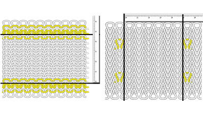 Illustration showing how to measure knitting gauge, featuring drawings of knitted swatches with markings for counting stitches horizontally and rows vertically