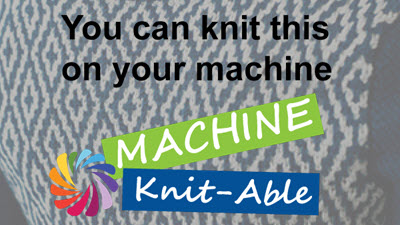 Colorful sweater with text overlay reading 'you can knit this on your machine', demonstrating hand knit designs adaptable for machine knitting