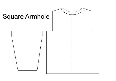 Square armhole is also called "modified drop shoulder" shaping.  Again, there is minimal shaping, that makes for easy knitting.  Because the sleeve seams are higher on the shoulders, this style can be more flattering, but still fit a range of sizes and body types.<br>
Notice the bind off edges at the underarms and the matching straight knitting on the sleeves. This makes it a bit more difficult to set in the sleeve, but nothing you can't master.