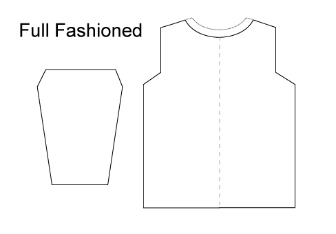 A variation on the Square armhole is the Full Fashioned sleeve.  Notice the diagonal shaping at the underarm.  This provides a better fit with less bulk at the underarm. Simple decreases create the shaping on both body and sleeve.