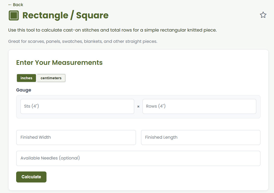 Open the Rectangle / Square Tool to create your custom knitting instructions