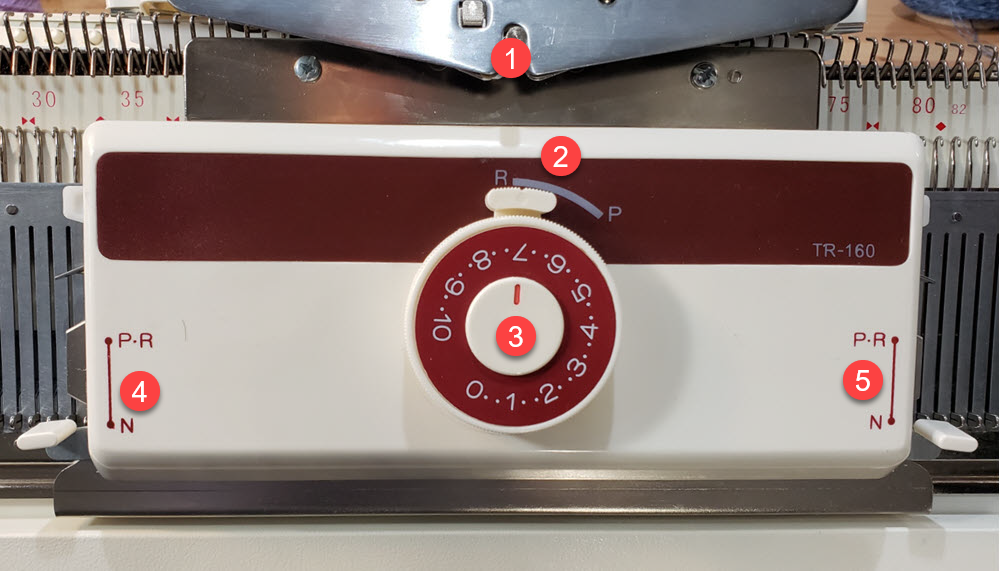 Taitexma TR-160 ribber carriage with numbered parts identified.
