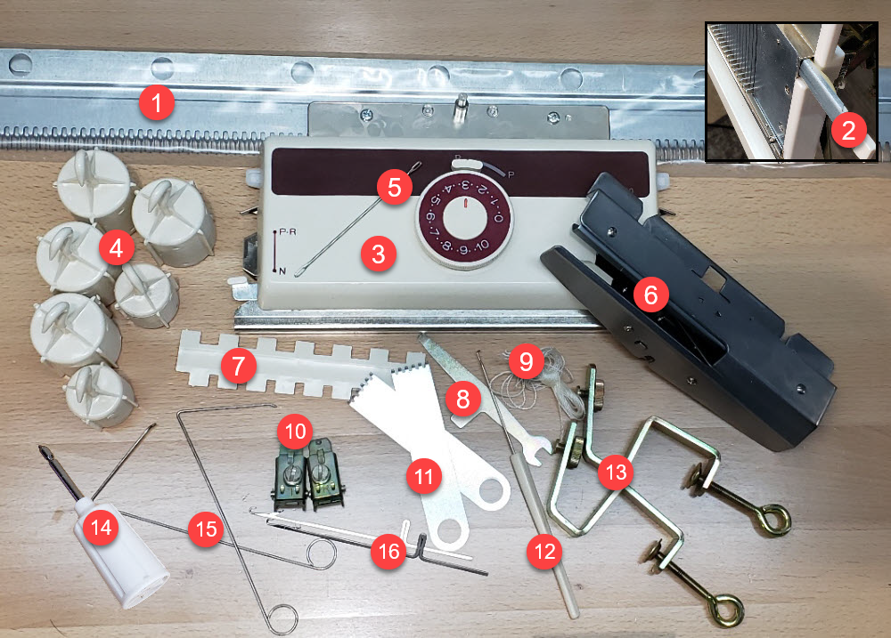 Taitexma TR-160 ribber tools and accessories numbered 1 through 16.