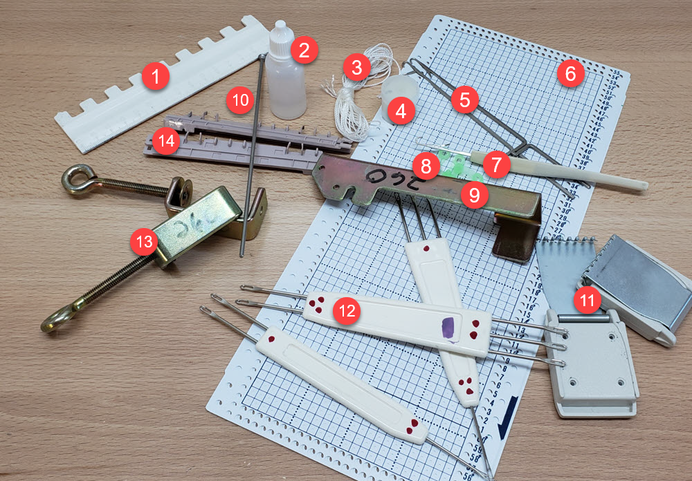 Numbered accessories and tools for the Brother KH-260 knitting machine