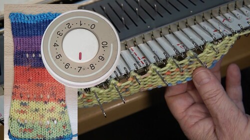 Tension swatch with overlaid knitting machine tension dial