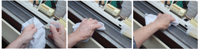 Applying oil to a cloth, then wiping the front and back rails of a knitting machine.
