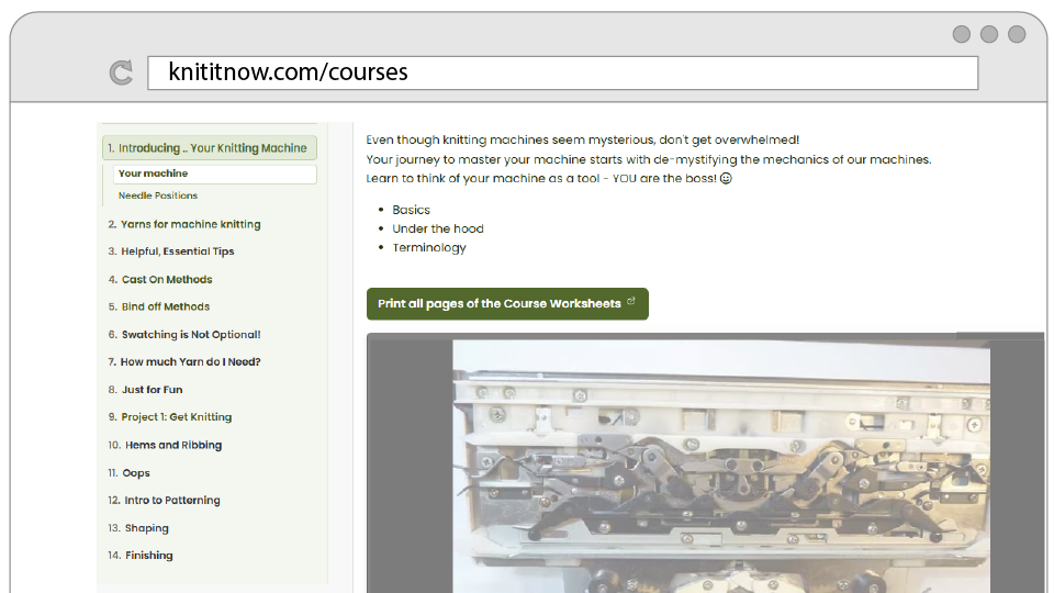 Courses screen showing structured machine knitting lessons