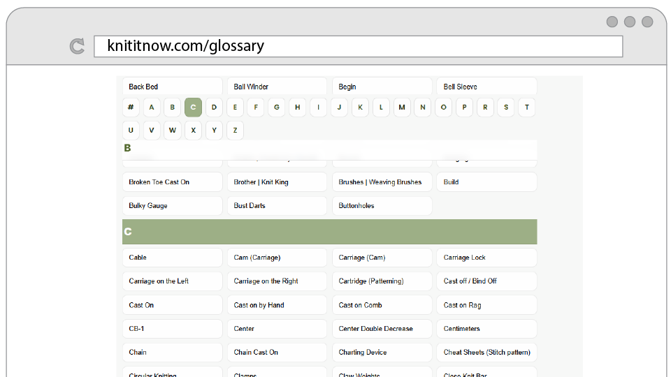Glossary screen showing knitting terms and techniques