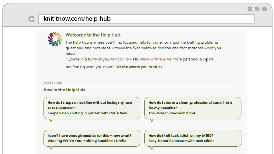 Help Hub screen showing practical knitting answers and troubleshooting
