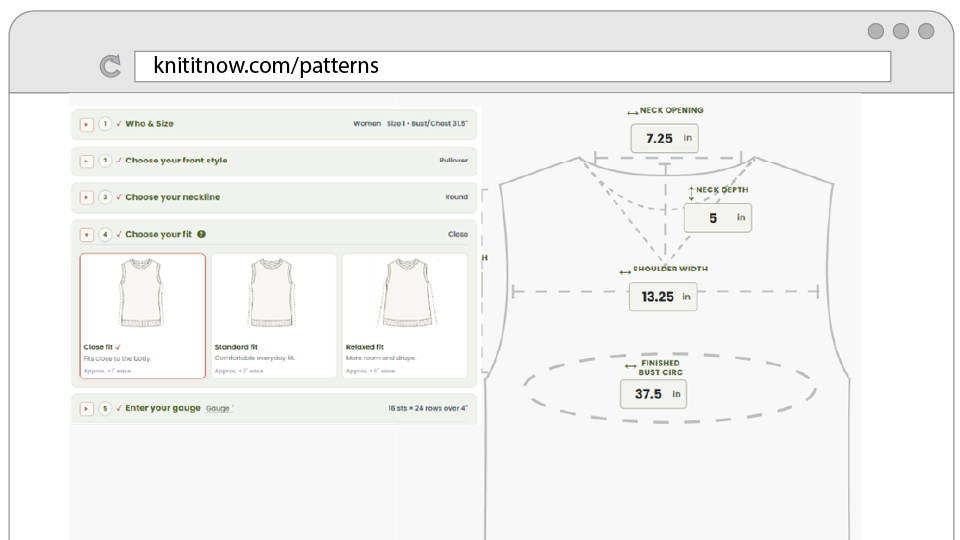 Pattern Builder screen showing custom knitting instructions based on your measurements