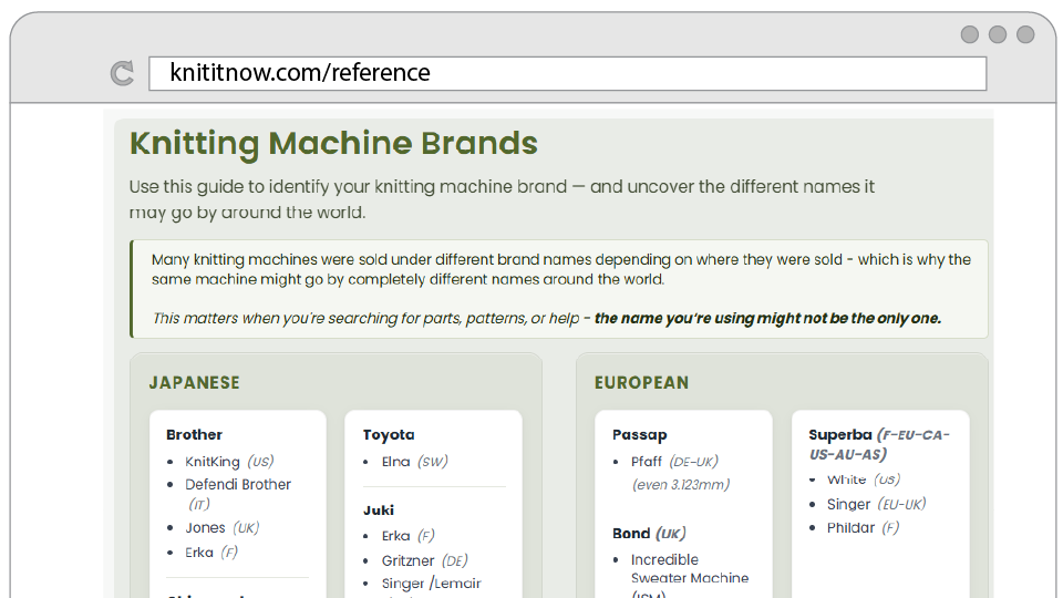 References screen showing lookup guides, sizing charts, and machine information