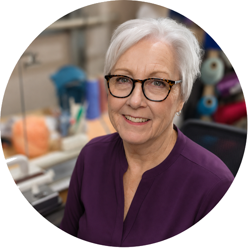 Sue Jalowiec at her knitting machine, founder of Knit it Now