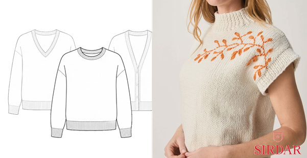 Knit It Now drop shoulder sweater diagrams beside a cream cap-sleeve tank with a ribbed collar and an embroidered vine across the shoulder.