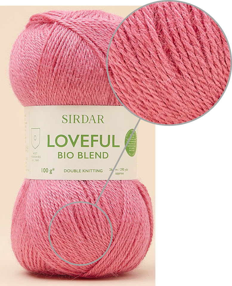 Pink ball of Sirdar Loveful Bio Blend double knitting yarn, with a close-up of the fiber.