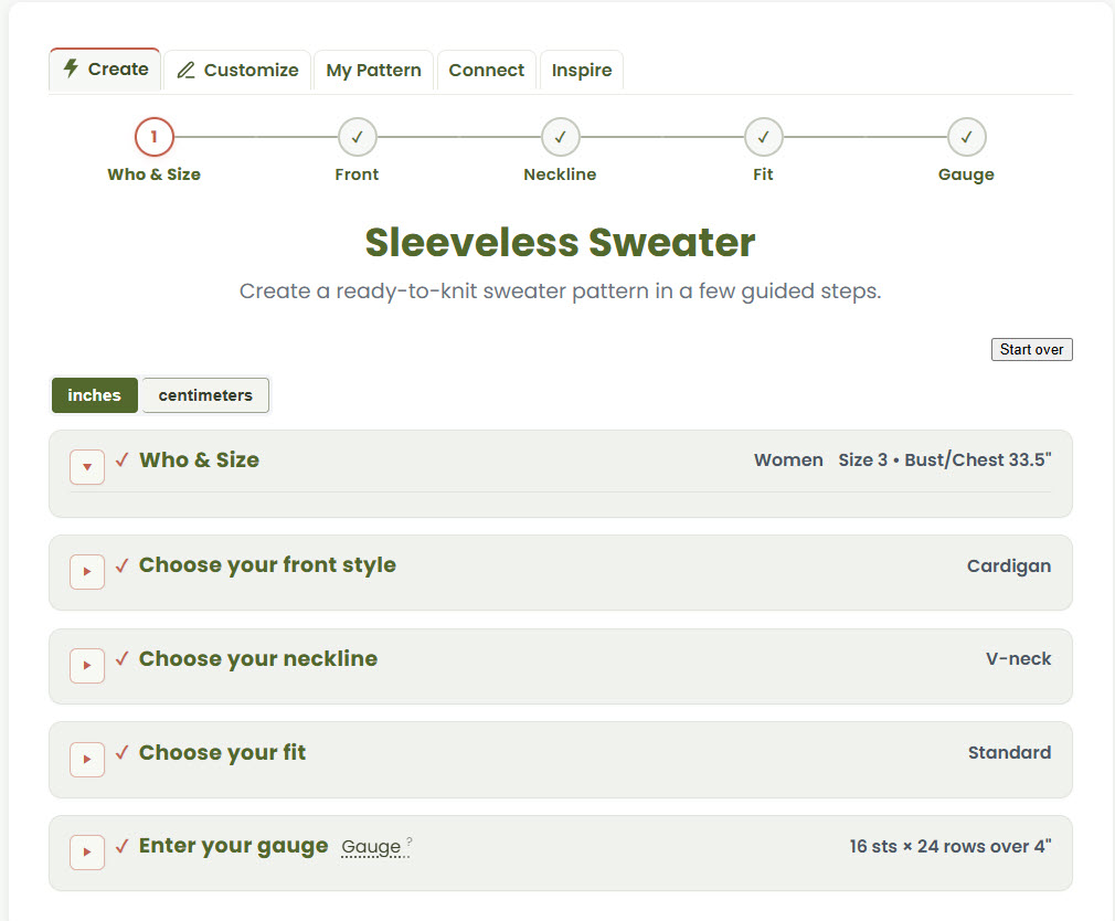 Guided sweater pattern builder showing style, neckline, fit, and gauge steps