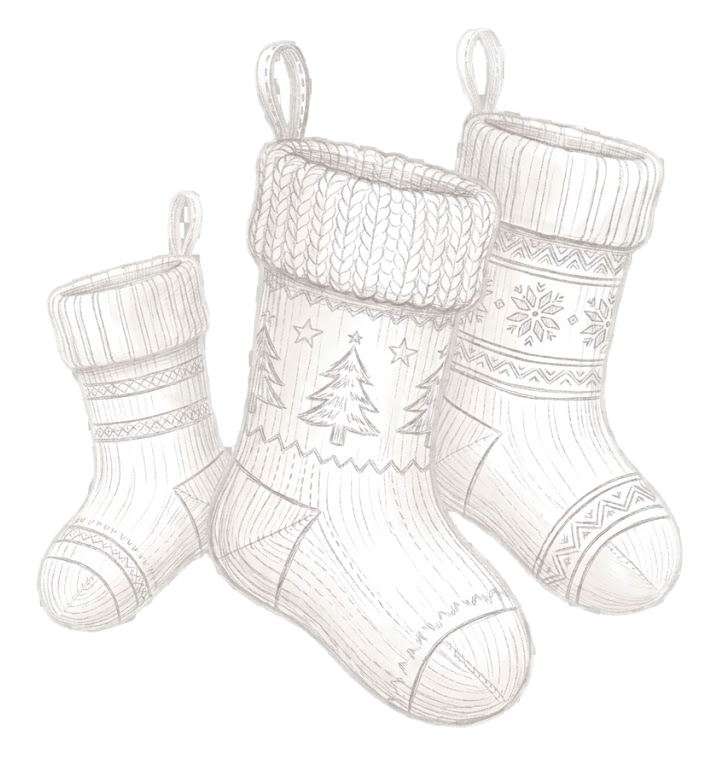 Line drawing of Christmas stockings. The tree and snowflake are decorative, not stitch charts.