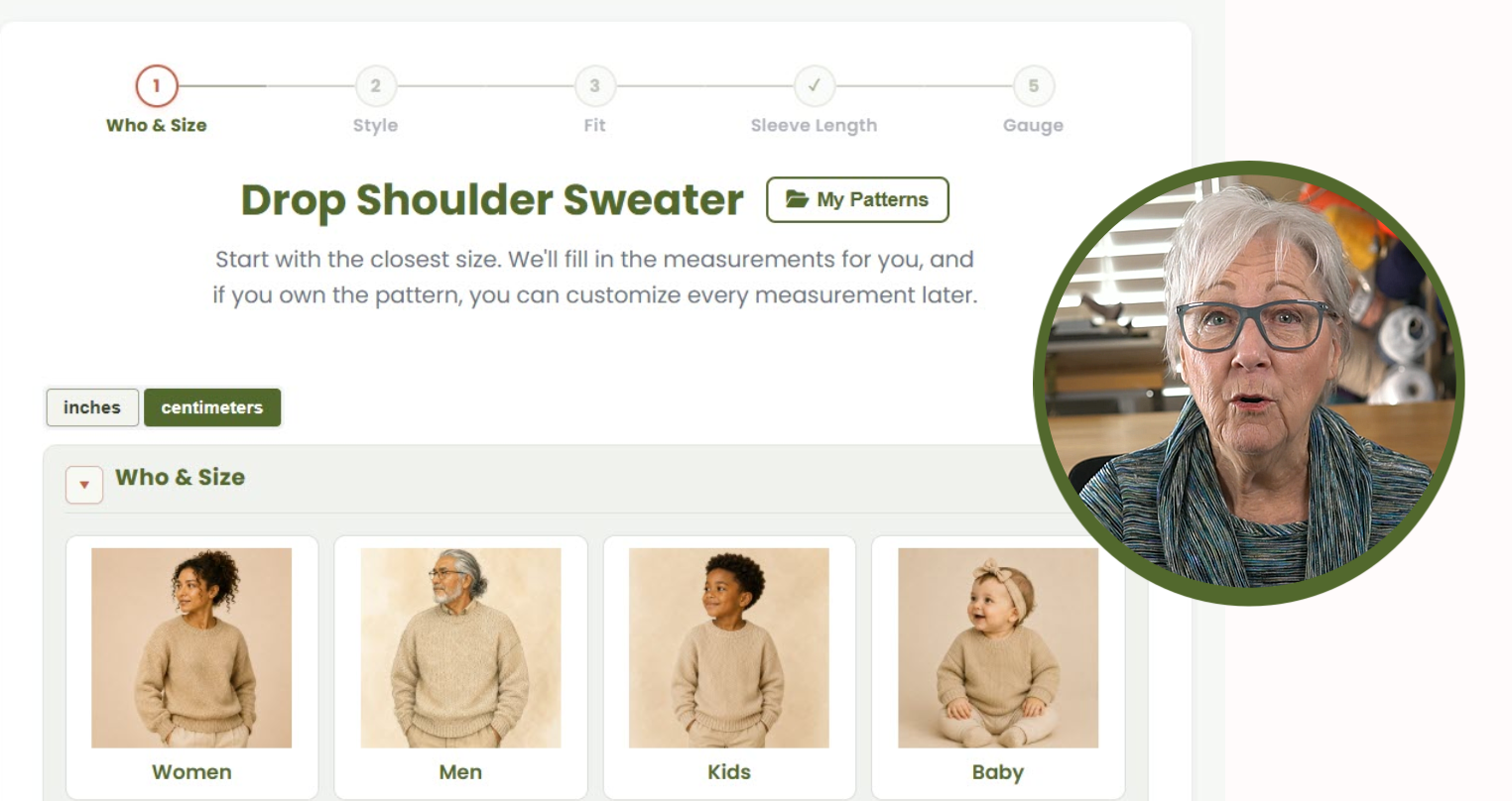 Sleeveless sweater pattern workspace showing size, fit, neckline, and gauge choices