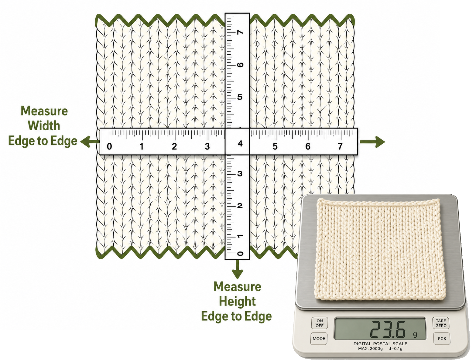 Swatch measured edge to edge for width and height